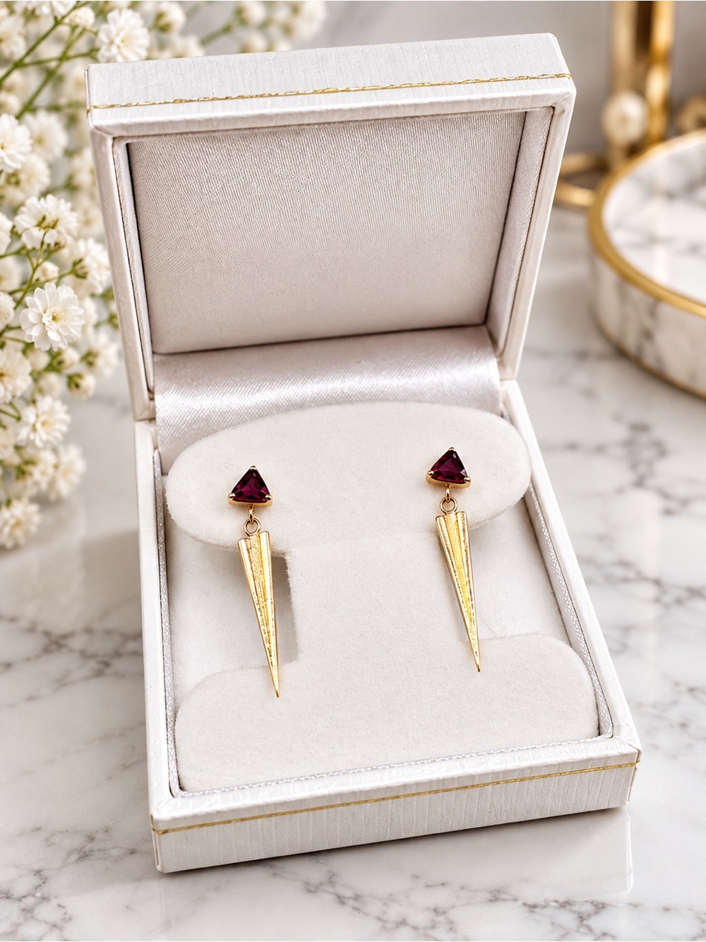 14K Solid Yellow Gold Red Gemstone Spike Dangle Earrings 2.59g